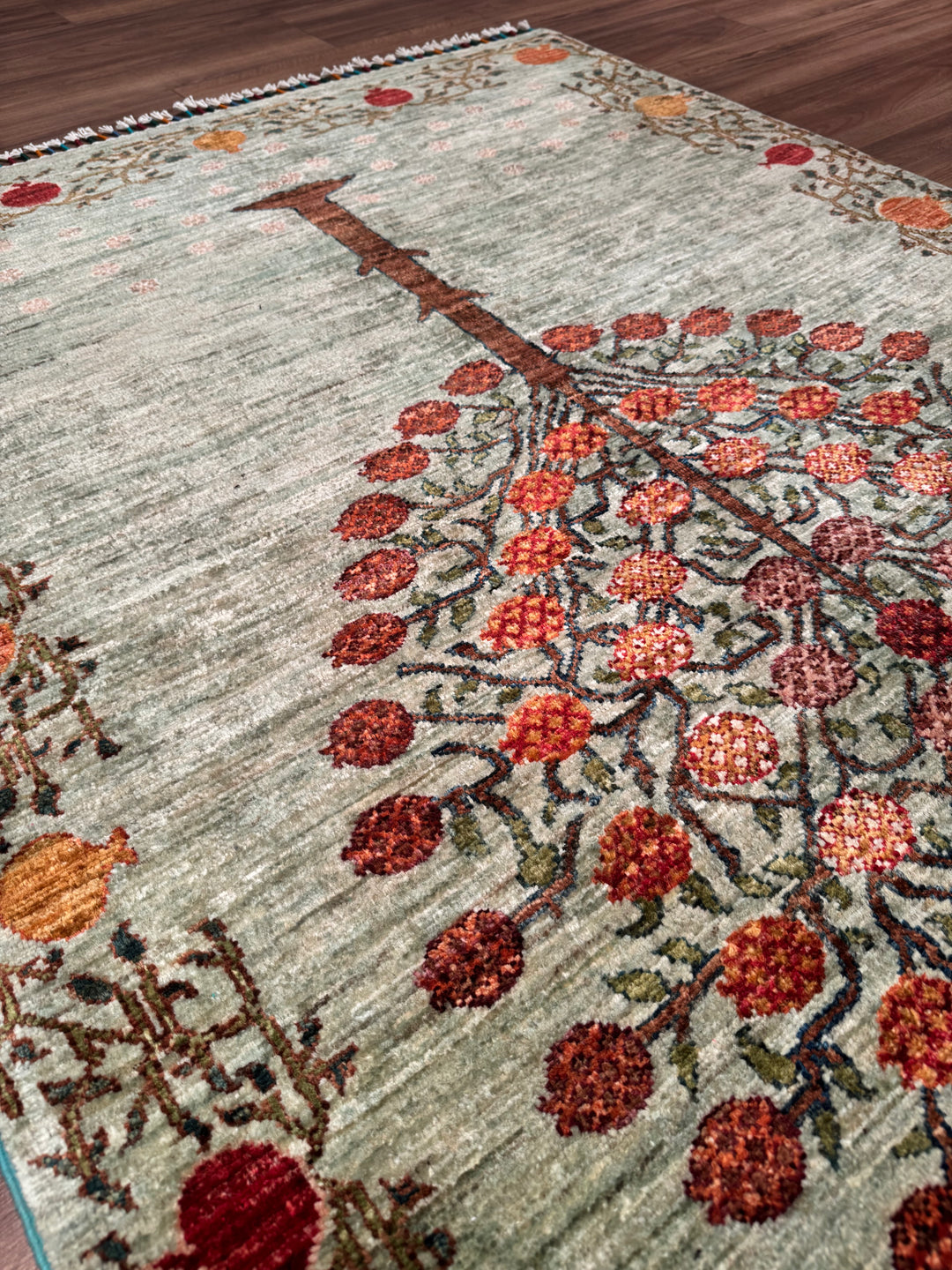 Pomegranate Tree Original Handwoven Green Root Dye Wool Rug 124x191 cm (2.37 square meters) - 4x6 ft 
