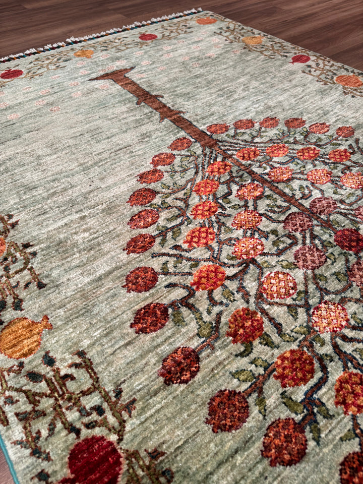 Pomegranate Tree Original Handwoven Green Root Dye Wool Rug 124x191 cm (2.37 square meters) - 4x6 ft 