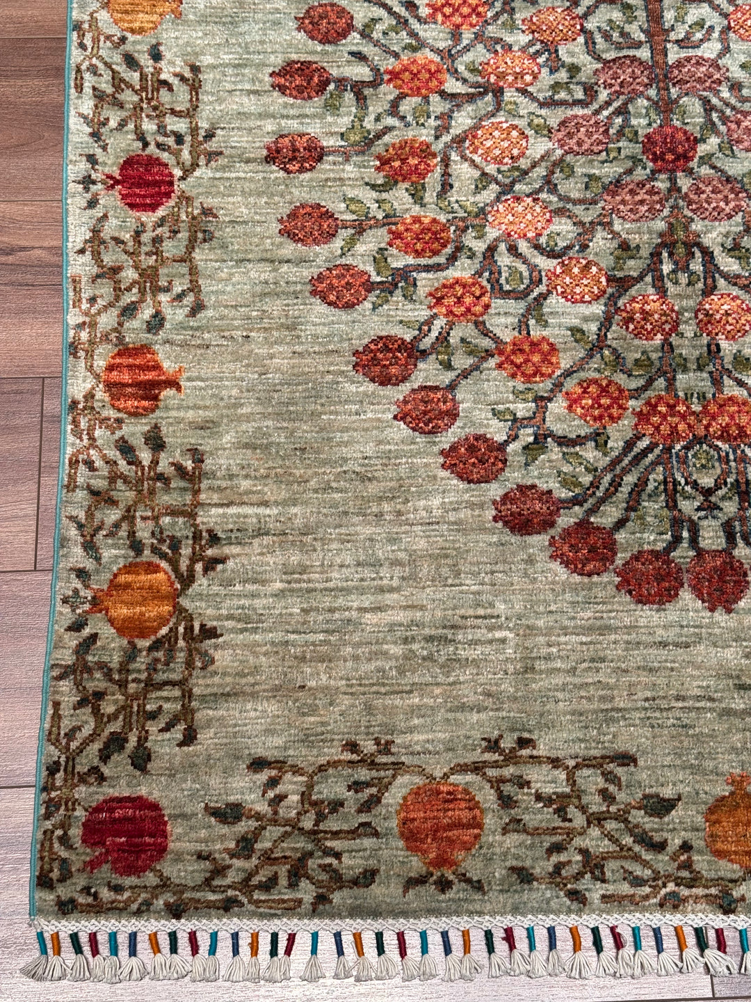 Pomegranate Tree Original Handwoven Green Root Dye Wool Rug 124x191 cm (2.37 square meters) - 4x6 ft 