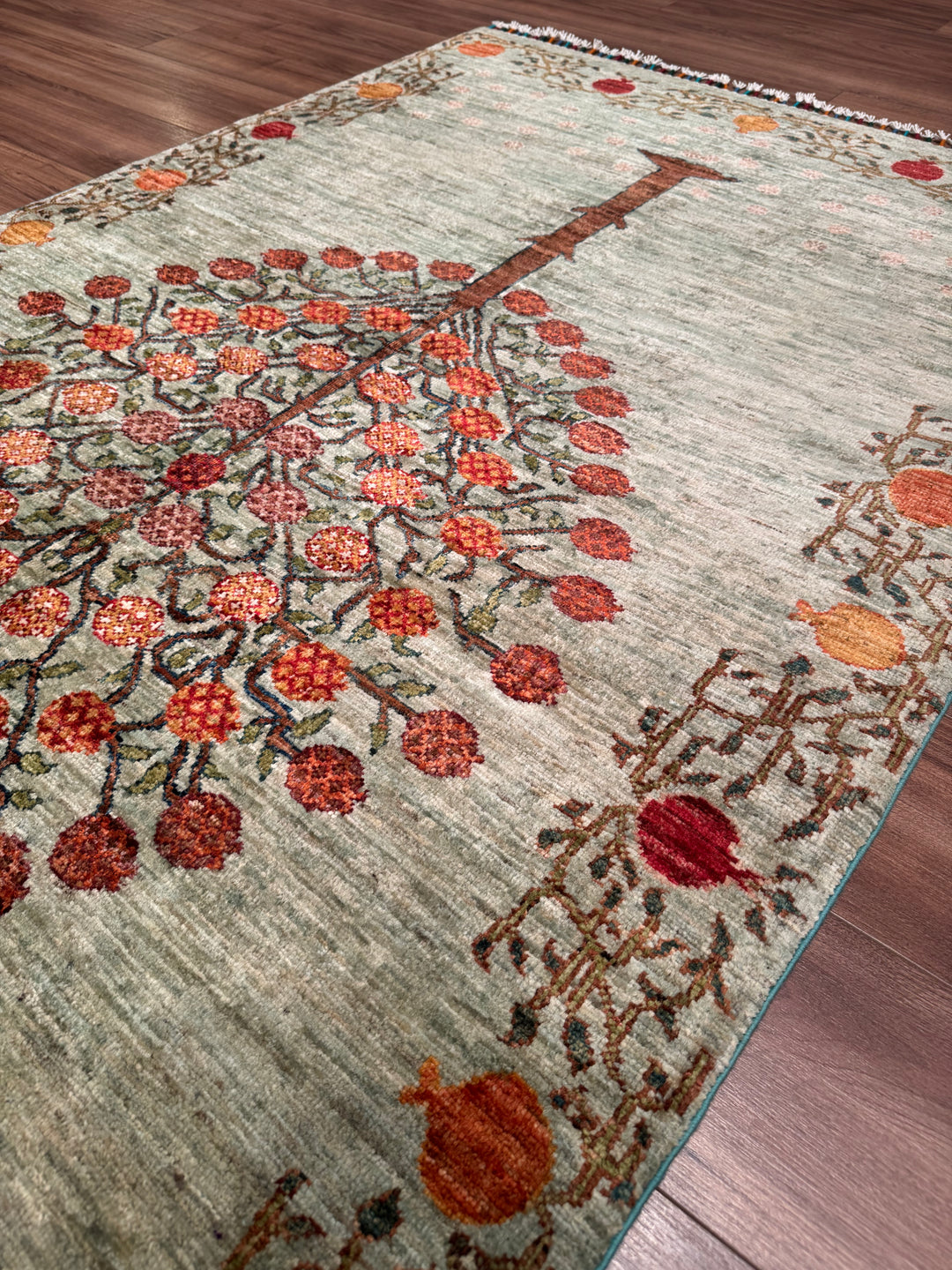 Pomegranate Tree Original Handwoven Green Root Dye Wool Rug 124x191 cm (2.37 square meters) - 4x6 ft 