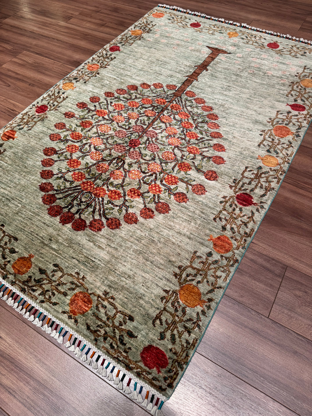 Pomegranate Tree Original Handwoven Green Root Dye Wool Rug 124x191 cm (2.37 square meters) - 4x6 ft 