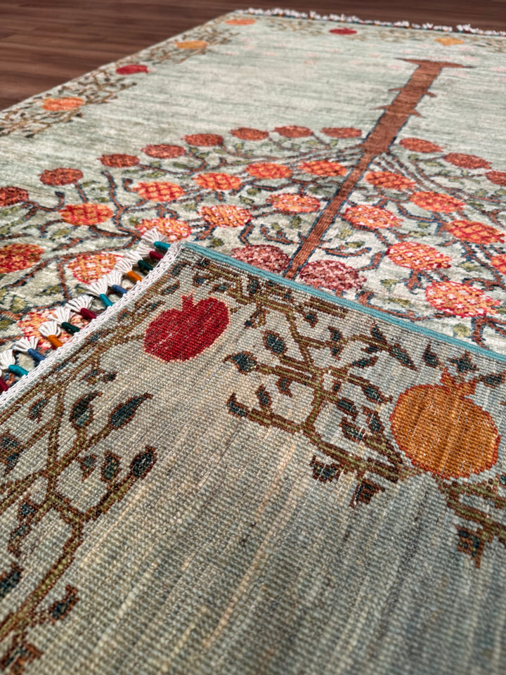 Pomegranate Tree Original Handwoven Green Root Dye Wool Rug 124x191 cm (2.37 square meters) - 4x6 ft 