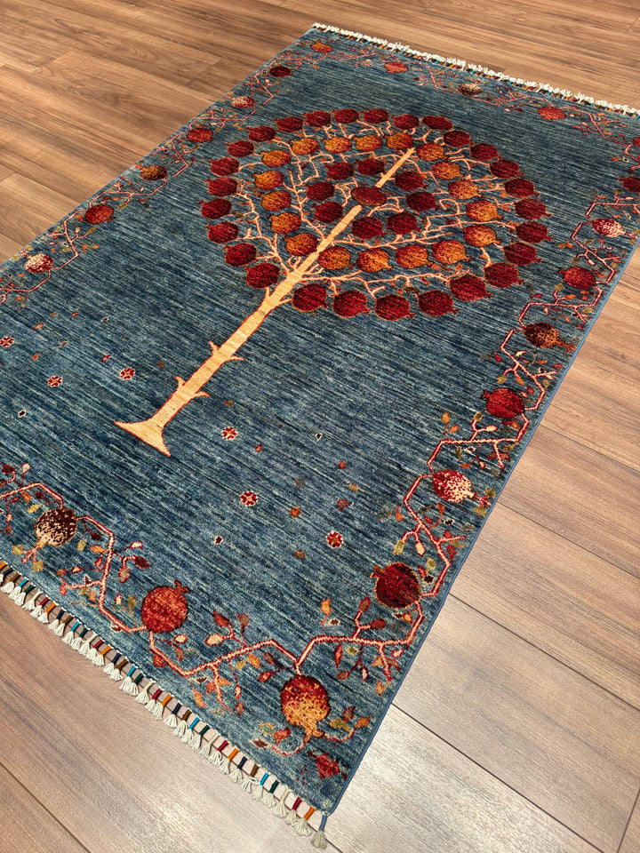 Pomegranate Tree Original Handwoven Blue Root Dye Wool Rug 125x182 cm (2.28 square meters) - 4x6 ft 