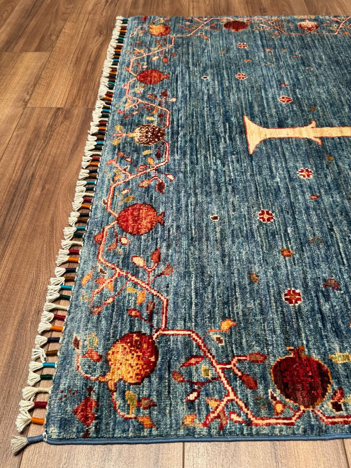 Pomegranate Tree Original Handwoven Blue Root Dye Wool Rug 125x182 cm (2.28 square meters) - 4x6 ft 