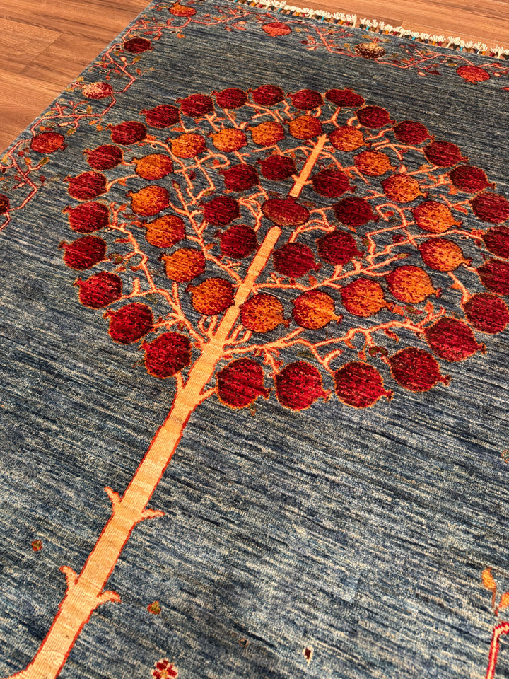 Pomegranate Tree Original Handwoven Blue Root Dye Wool Rug 125x182 cm (2.28 square meters) - 4x6 ft 