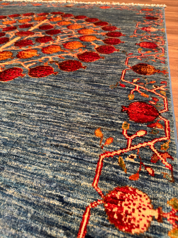 Pomegranate Tree Original Handwoven Blue Root Dye Wool Rug 125x182 cm (2.28 square meters) - 4x6 ft 