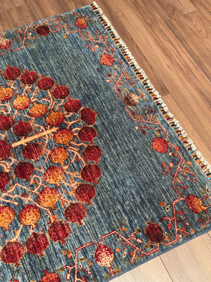 Pomegranate Tree Original Handwoven Blue Root Dye Wool Rug 125x182 cm (2.28 square meters) - 4x6 ft 