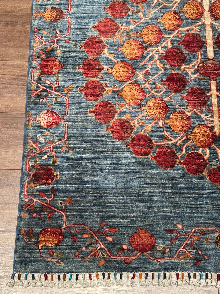Pomegranate Tree Original Handwoven Blue Root Dye Wool Rug 125x182 cm (2.28 square meters) - 4x6 ft 