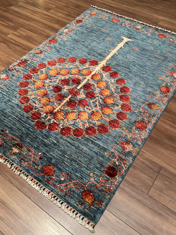 Pomegranate Tree Original Handwoven Blue Root Dye Wool Rug 125x182 cm (2.28 square meters) - 4x6 ft 