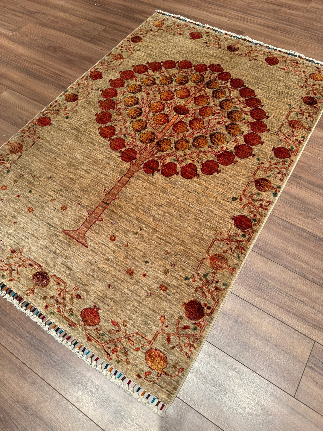 Pomegranate Tree Original Handwoven Beige Root Dye Wool Rug 126x186 cm (2.34 square meters) - 4x6 ft 
