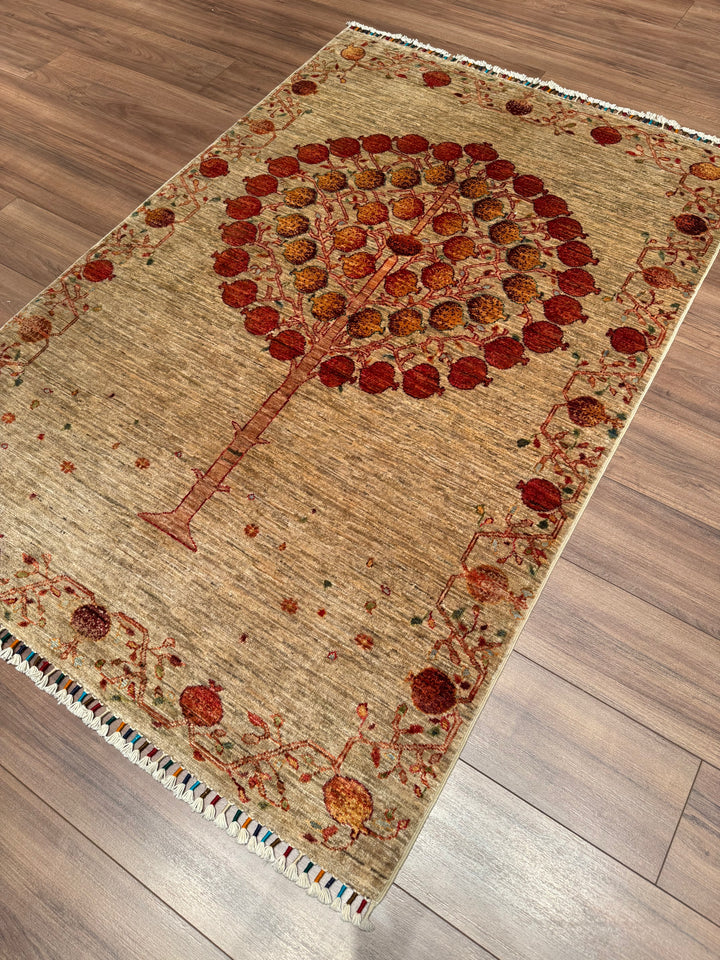 Pomegranate Tree Original Handwoven Beige Root Dye Wool Rug 126x186 cm (2.34 square meters) - 4x6 ft 