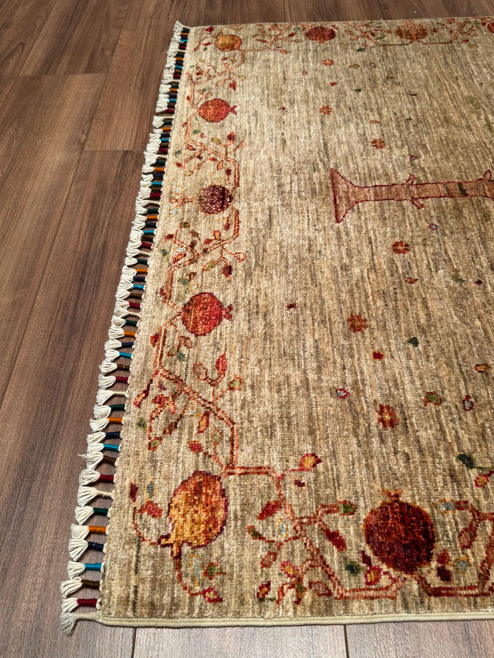 Pomegranate Tree Original Handwoven Beige Root Dye Wool Rug 126x186 cm (2.34 square meters) - 4x6 ft 