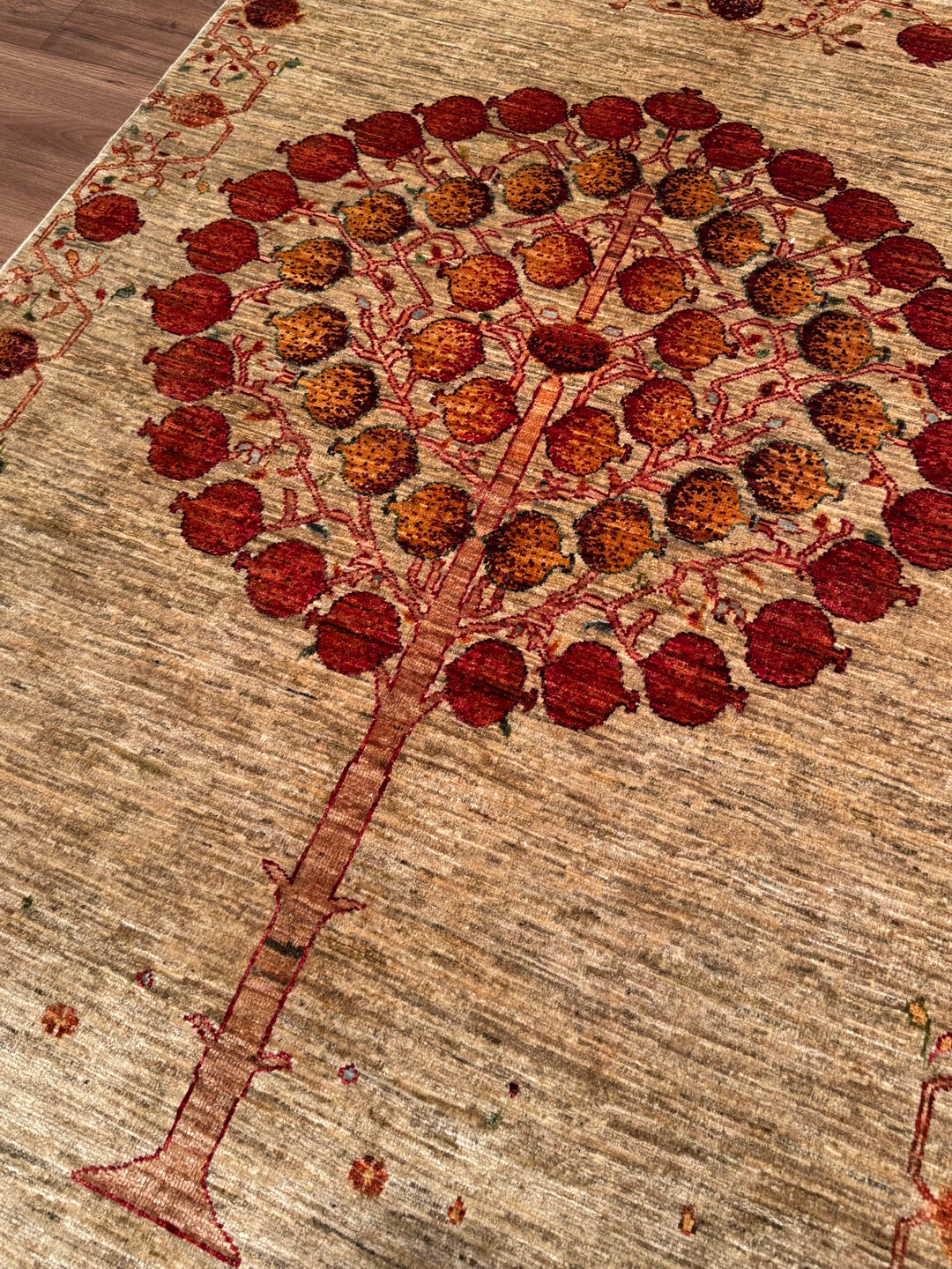 Pomegranate Tree Original Handwoven Beige Root Dye Wool Rug 126x186 cm (2.34 square meters) - 4x6 ft 