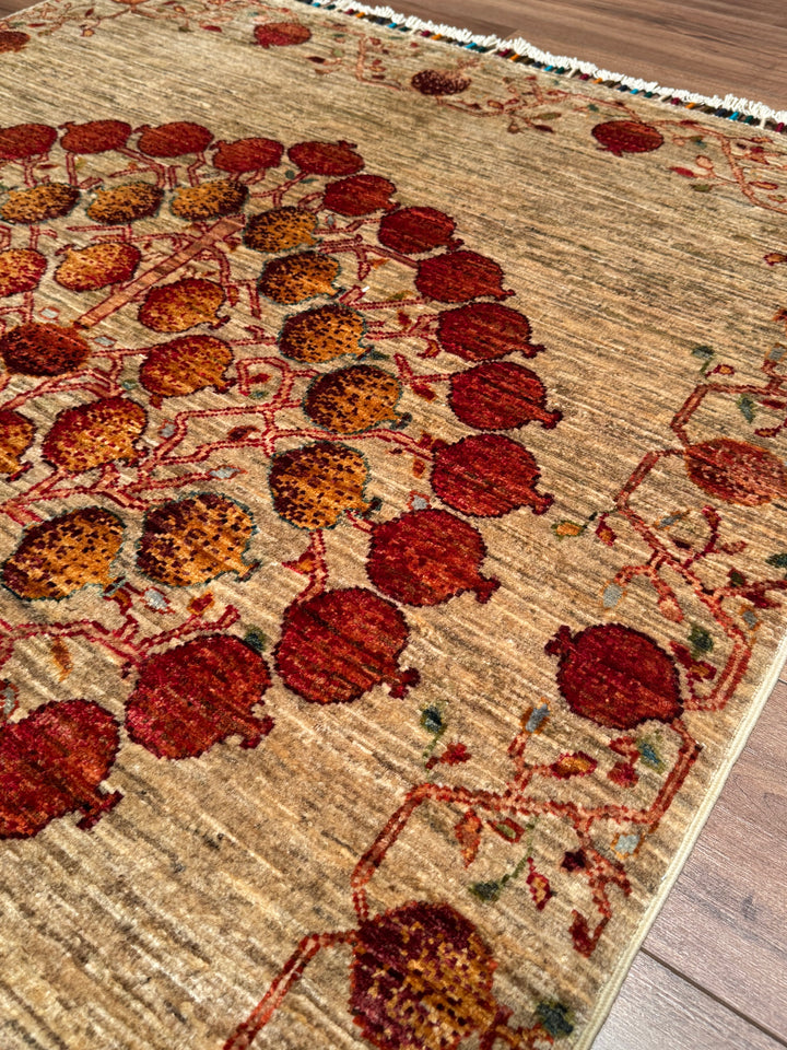 Pomegranate Tree Original Handwoven Beige Root Dye Wool Rug 126x186 cm (2.34 square meters) - 4x6 ft 