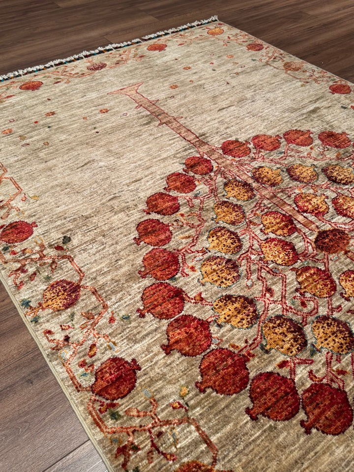 Pomegranate Tree Original Handwoven Beige Root Dye Wool Rug 126x186 cm (2.34 square meters) - 4x6 ft 