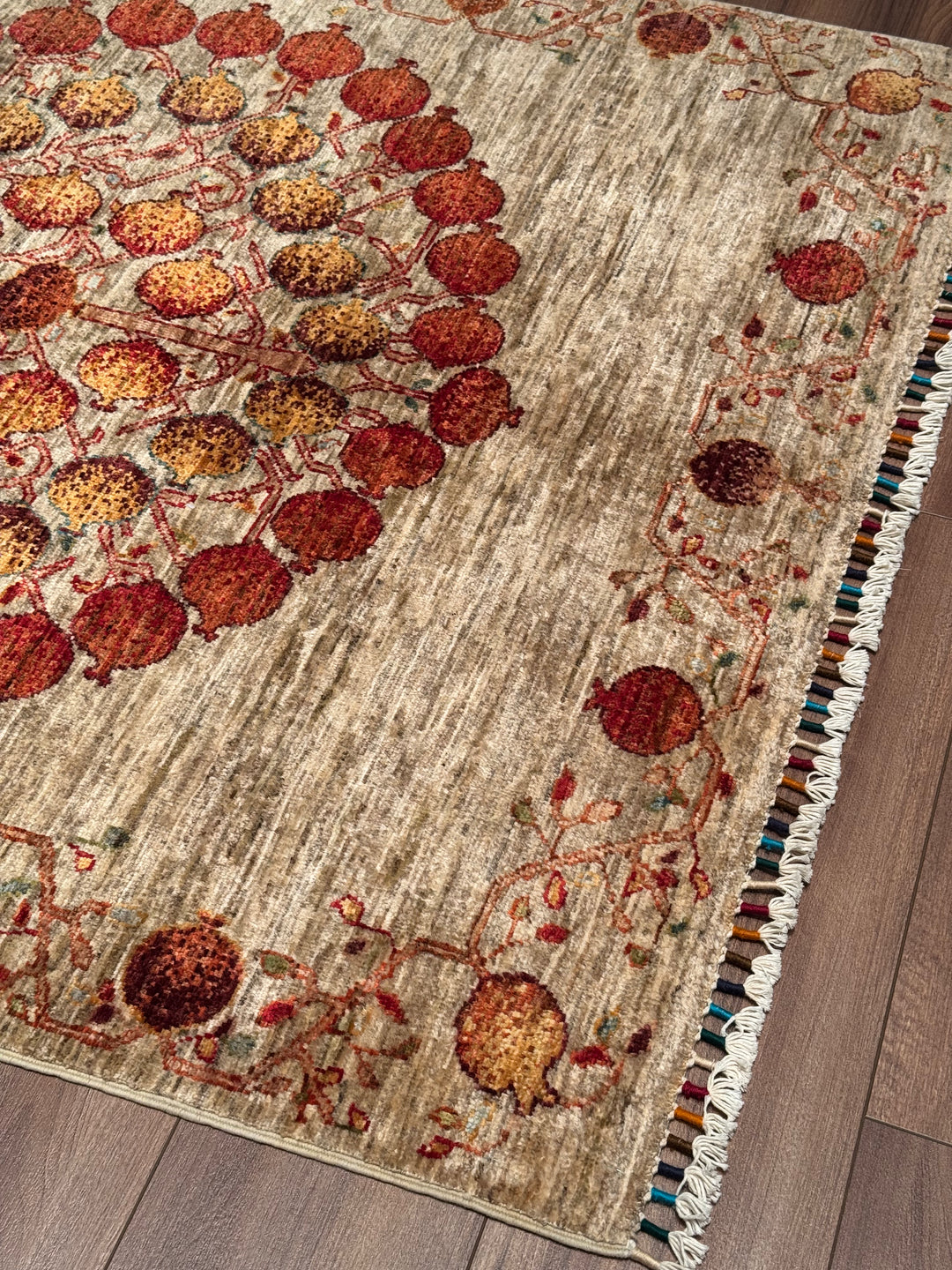 Pomegranate Tree Original Handwoven Beige Root Dye Wool Rug 126x186 cm (2.34 square meters) - 4x6 ft 
