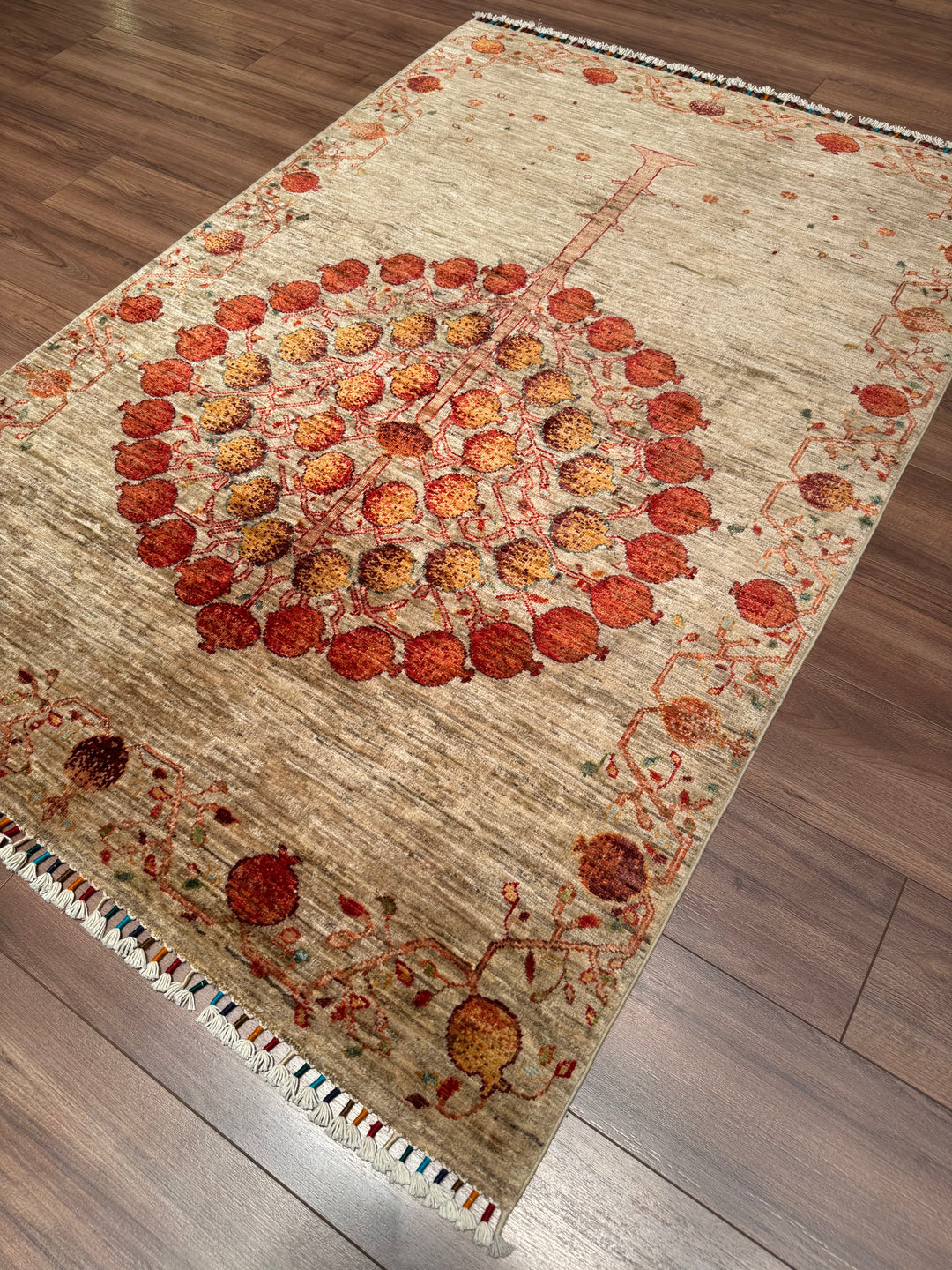 Pomegranate Tree Original Handwoven Beige Root Dye Wool Rug 126x186 cm (2.34 square meters) - 4x6 ft 