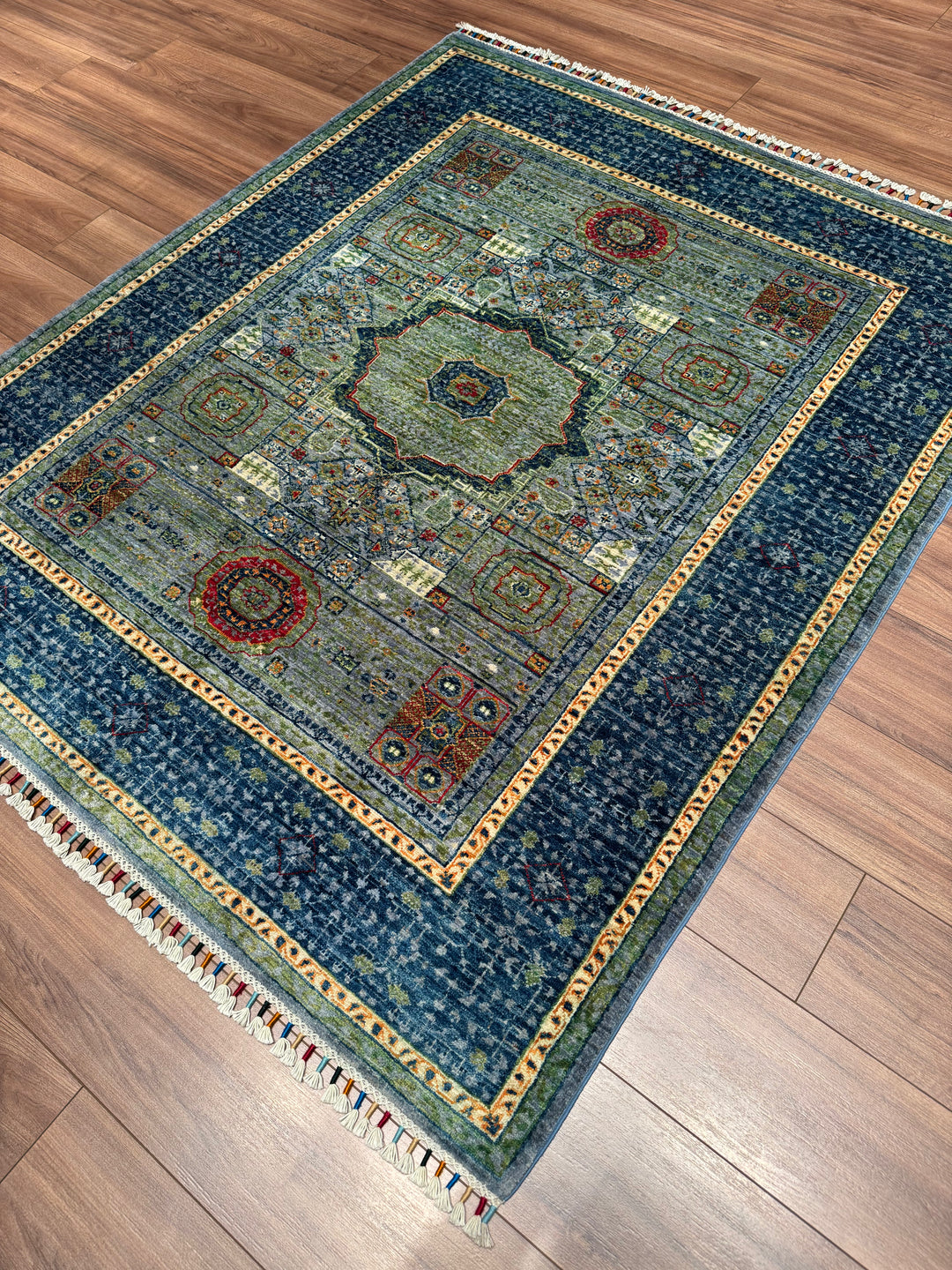 Memlük Orijinal El Dokuması Mavi Kök Boya Yün Halı 155x184 2.85 Metrekare - 4x6 ft