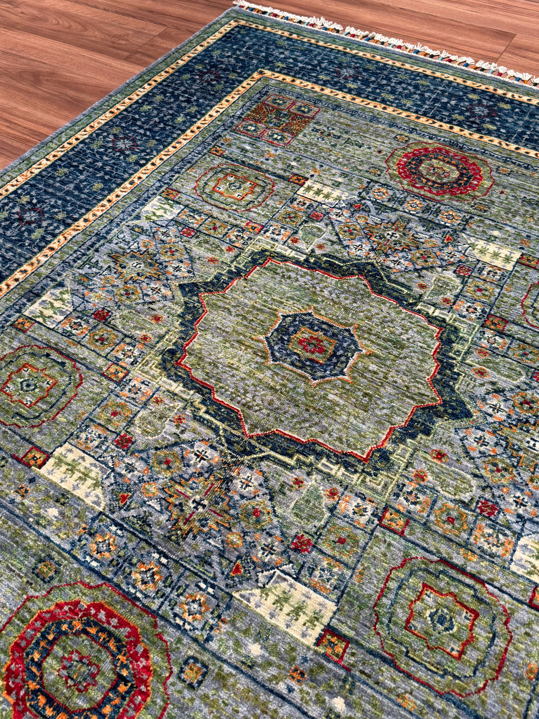 Memlük Orijinal El Dokuması Mavi Kök Boya Yün Halı 155x184 2.85 Metrekare - 4x6 ft