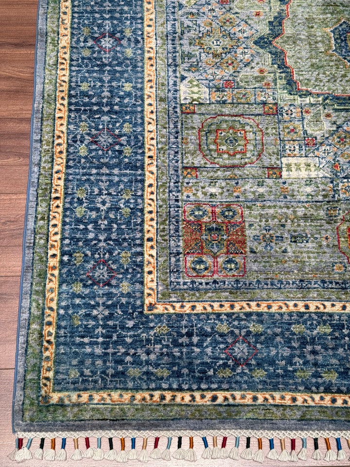 Memlük Orijinal El Dokuması Mavi Kök Boya Yün Halı 155x184 2.85 Metrekare - 4x6 ft