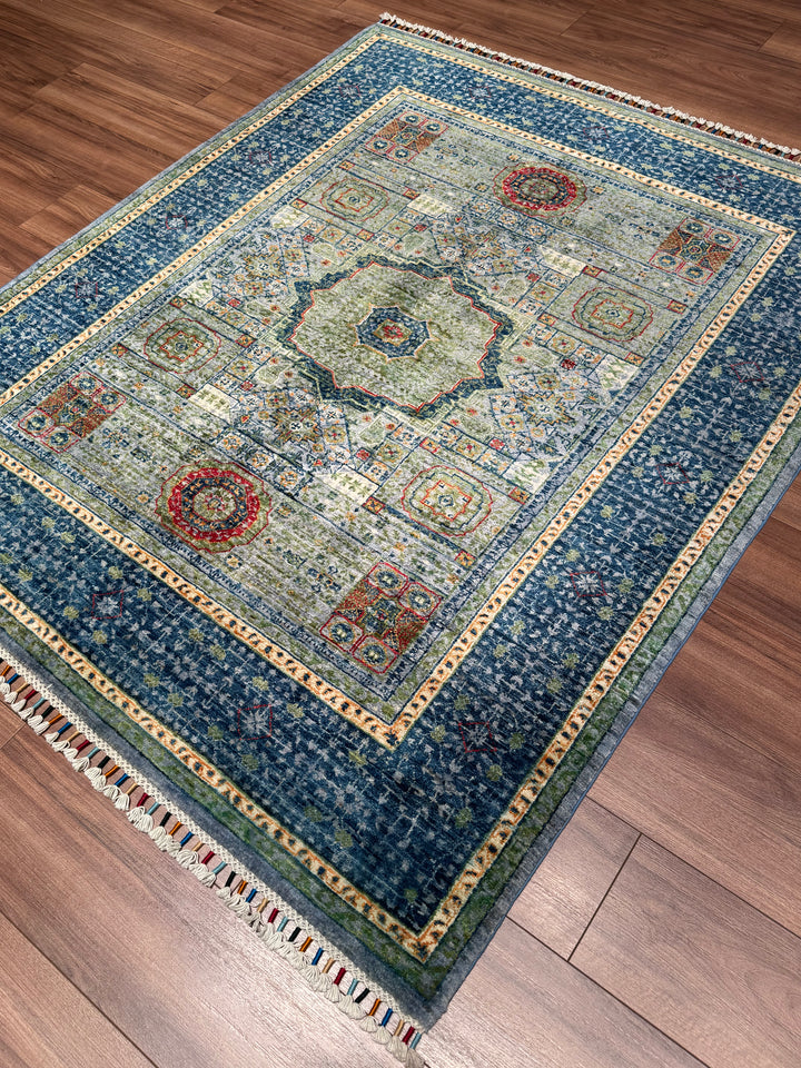 Memlük Orijinal El Dokuması Mavi Kök Boya Yün Halı 155x184 2.85 Metrekare - 4x6 ft