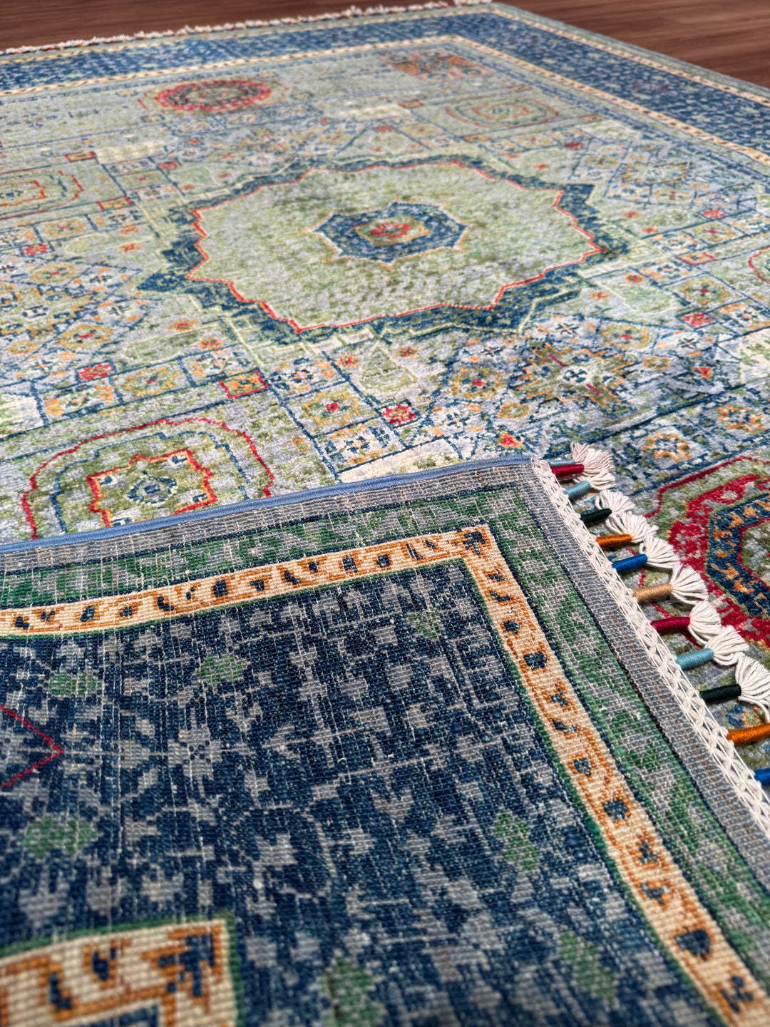 Memlük Orijinal El Dokuması Mavi Kök Boya Yün Halı 155x184 2.85 Metrekare - 4x6 ft