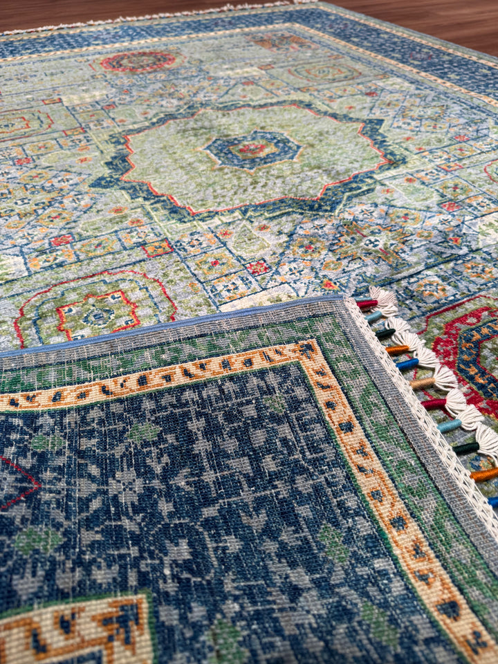 Memlük Orijinal El Dokuması Mavi Kök Boya Yün Halı 155x184 2.85 Metrekare - 4x6 ft