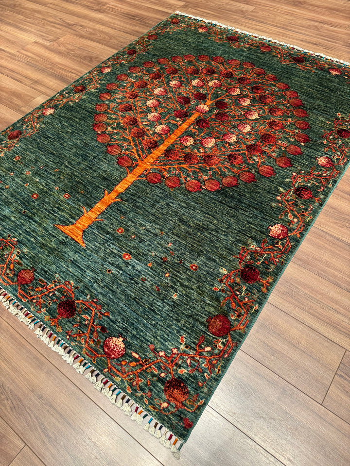 Nar Ağacı Orijinal El Dokuması Yeşil Kök Boya Yün Halı 153x203 3.11 Metrekare - 5x6 ft