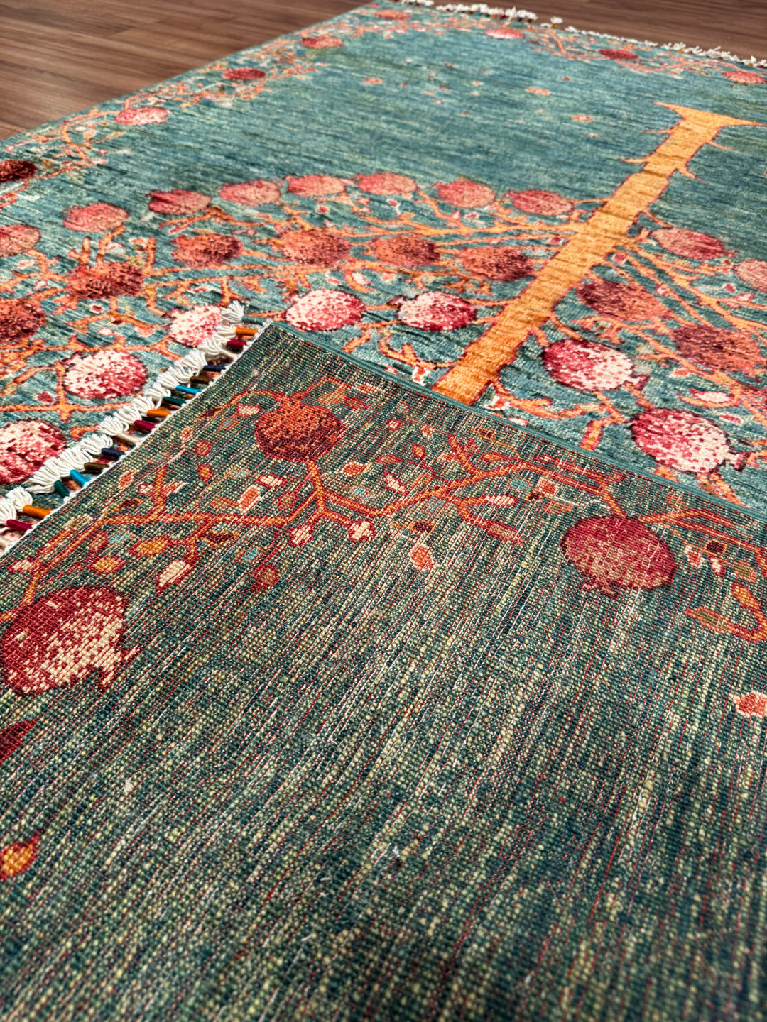 Nar Ağacı Orijinal El Dokuması Yeşil Kök Boya Yün Halı 153x203 3.11 Metrekare - 5x6 ft