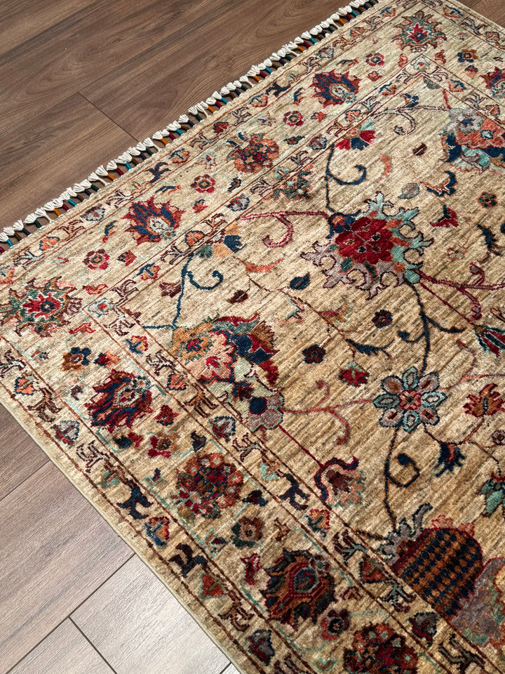 Sultani Binbirgece Orijinal El Dokuması Bej Kök Boya Yün Halı 127x190 2.41 Metrekare - 4x6 ft