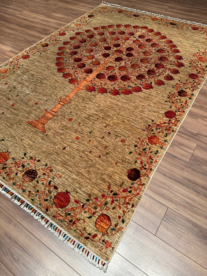 Nar Ağacı Orijinal El Dokuması Bej Kök Boya Yün Halı 205x310 6.36 Metrekare - 7x10 ft
