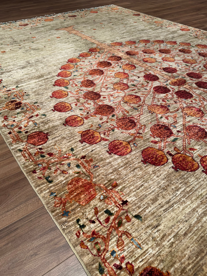 Nar Ağacı Orijinal El Dokuması Bej Kök Boya Yün Halı 205x310 6.36 Metrekare - 7x10 ft