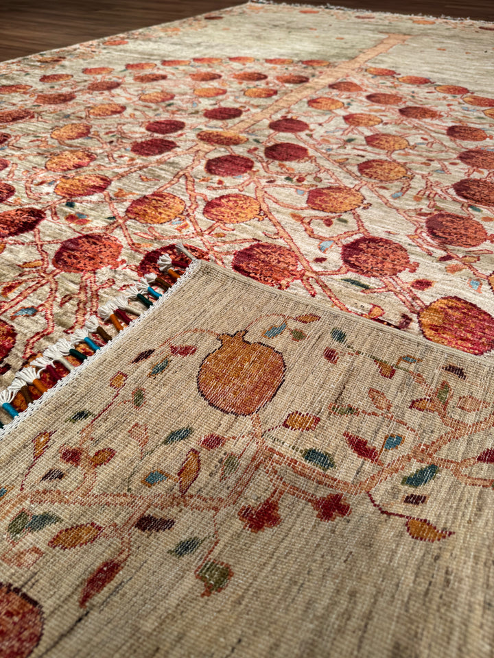 Nar Ağacı Orijinal El Dokuması Bej Kök Boya Yün Halı 205x310 6.36 Metrekare - 7x10 ft
