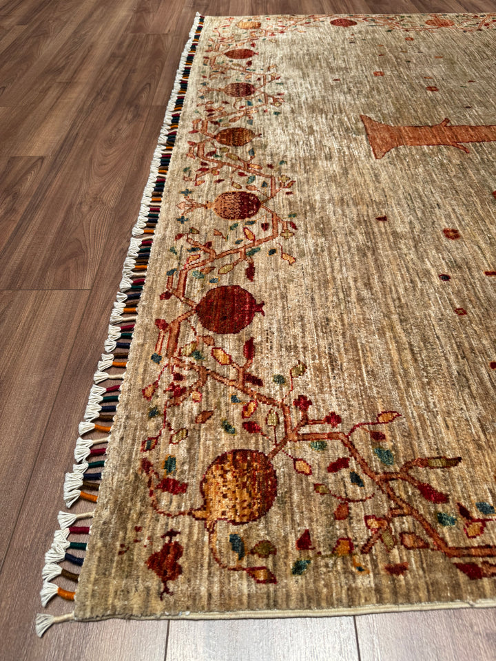 Nar Ağacı Orijinal El Dokuması Bej Kök Boya Yün Halı 204x302 6.16 Metrekare - 7x10 ft