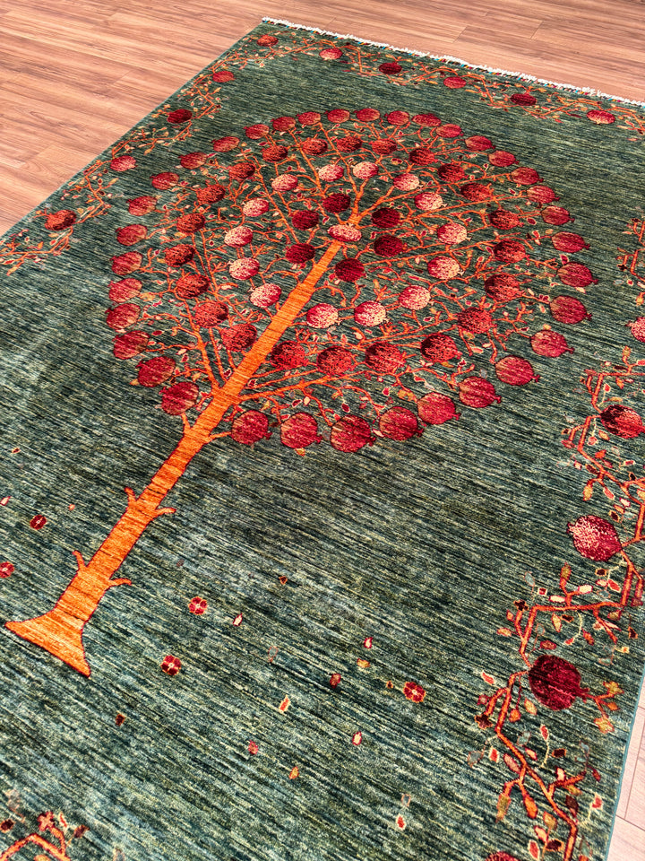 Nar Ağacı Orijinal El Dokuması Yeşil Kök Boya Yün Halı 202x302 6.10 Metrekare - 7x10 ft
