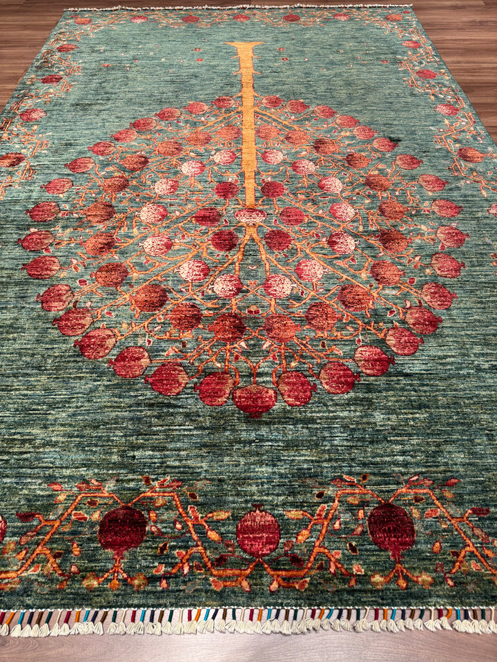 Nar Ağacı Orijinal El Dokuması Yeşil Kök Boya Yün Halı 202x302 6.10 Metrekare - 7x10 ft