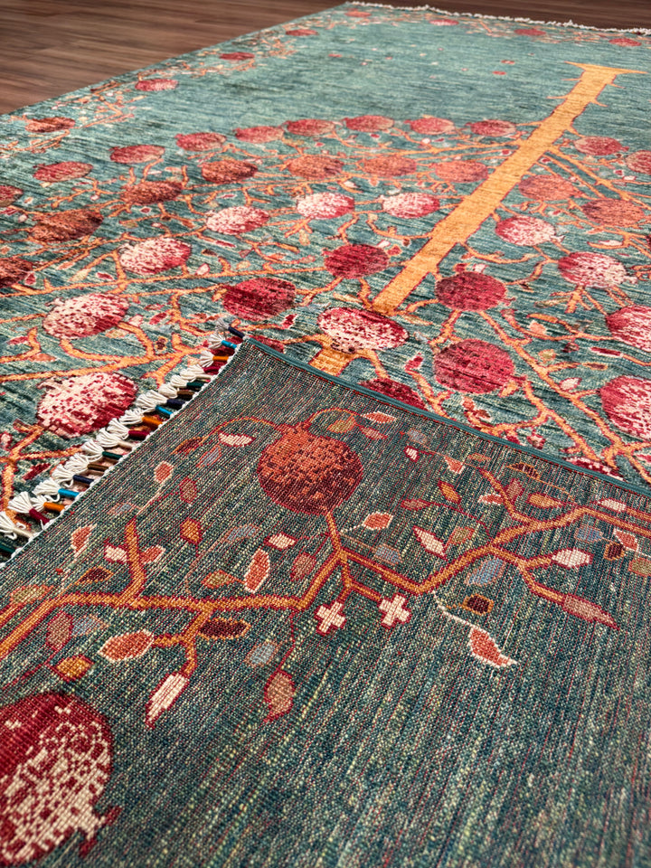 Nar Ağacı Orijinal El Dokuması Yeşil Kök Boya Yün Halı 202x302 6.10 Metrekare - 7x10 ft