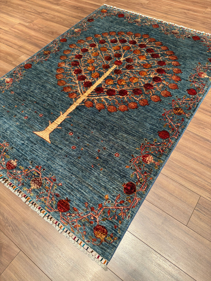 Nar Ağacı Orijinal El Dokuması Mavi Kök Boya Yün Halı 154x209 3.22 Metrekare - 5x7 ft