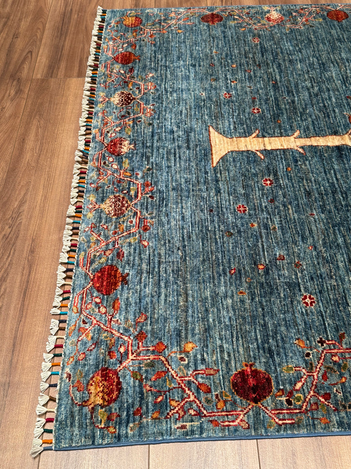 Nar Ağacı Orijinal El Dokuması Mavi Kök Boya Yün Halı 154x209 3.22 Metrekare - 5x7 ft