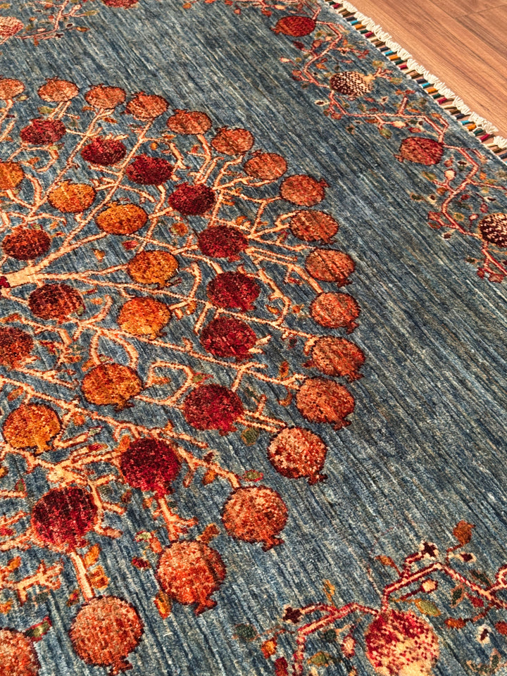 Nar Ağacı Orijinal El Dokuması Mavi Kök Boya Yün Halı 154x209 3.22 Metrekare - 5x7 ft