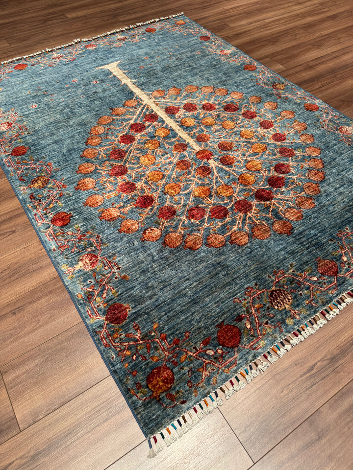 Nar Ağacı Orijinal El Dokuması Mavi Kök Boya Yün Halı 154x209 3.22 Metrekare - 5x7 ft