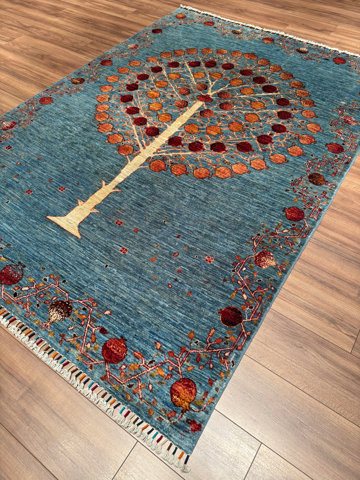 Nar Ağacı Orijinal El Dokuması Mavi Kök Boya Yün Halı 171x242 4.14 Metrekare - 5x8 ft
