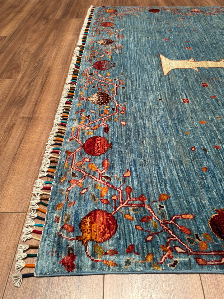 Nar Ağacı Orijinal El Dokuması Mavi Kök Boya Yün Halı 171x242 4.14 Metrekare - 5x8 ft