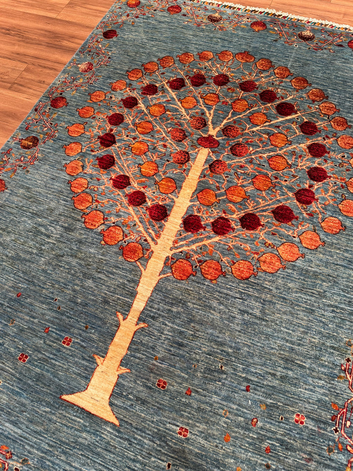 Nar Ağacı Orijinal El Dokuması Mavi Kök Boya Yün Halı 171x242 4.14 Metrekare - 5x8 ft