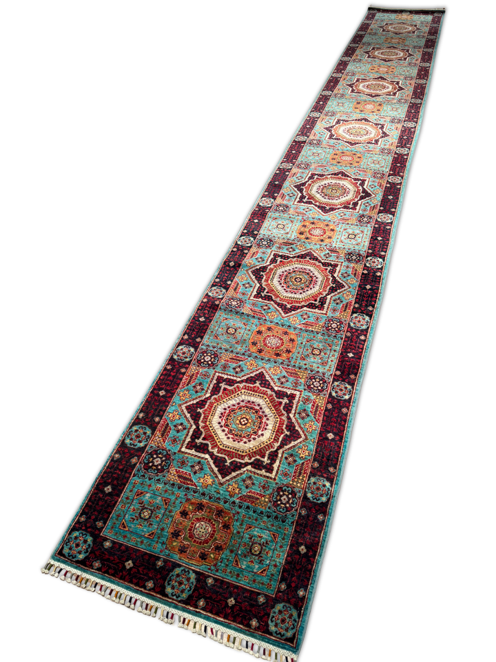 Mamluk Original Handwoven Runner Turquoise Root Dye Wool Rug 0.81x613 4.97 Square Meters - 3x20 ft 