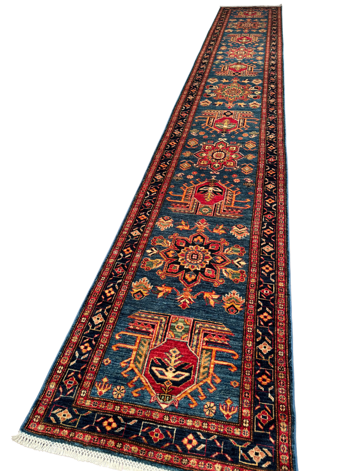 Şirvan Orijinal El Dokuması Yolluk Mavi Kök Boya Yün Halı 0.80x517 4.14 Metrekare - 3x17 ft