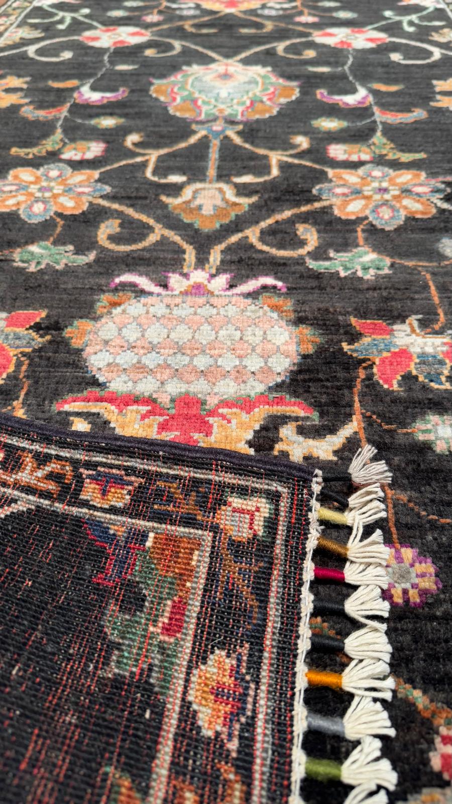 Sultani Floral Runner Original Hand Woven Black Vegetable Dyed Wool Carpet 0.77x299 2.30 Square Meters - 2x10 ft