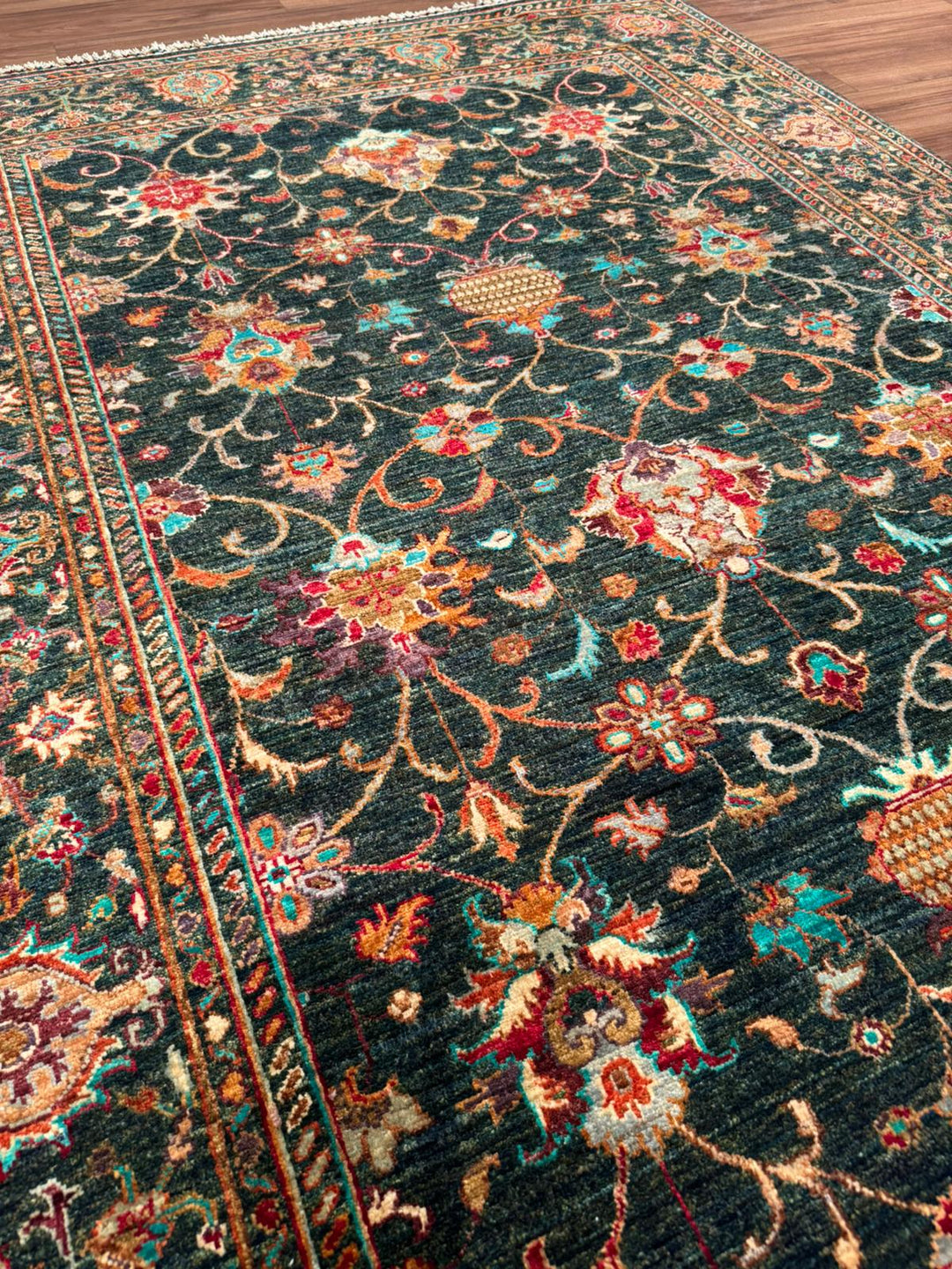 Sultani Binbirgece Orijinal El Dokuması Yeşil Kök Boya Yün Halı 170x237 4.03 Metrekare - 5x8