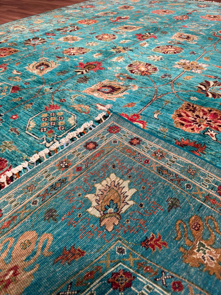 Sultani One Thousand and One Nights Original Handwoven Turquoise Root Dye Wool Rug 252x302 cm (7.61 square meters) - 8x10 ft 