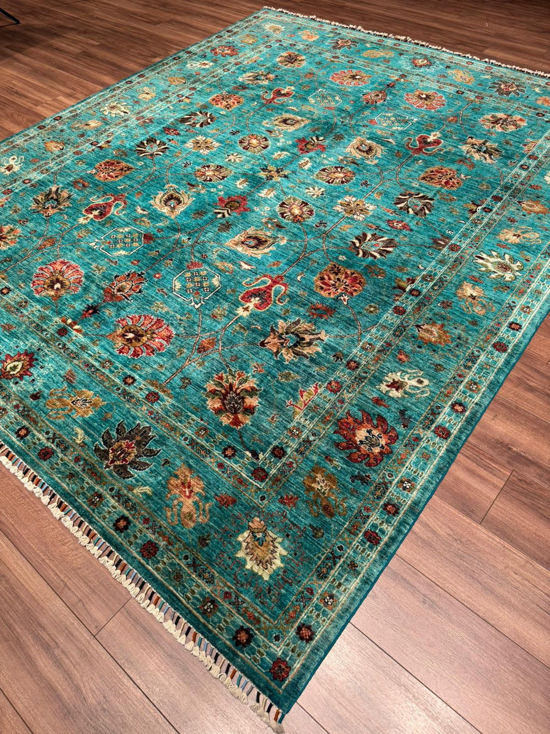 Sultani One Thousand and One Nights Original Handwoven Turquoise Root Dye Wool Rug 252x302 cm (7.61 square meters) - 8x10 ft 